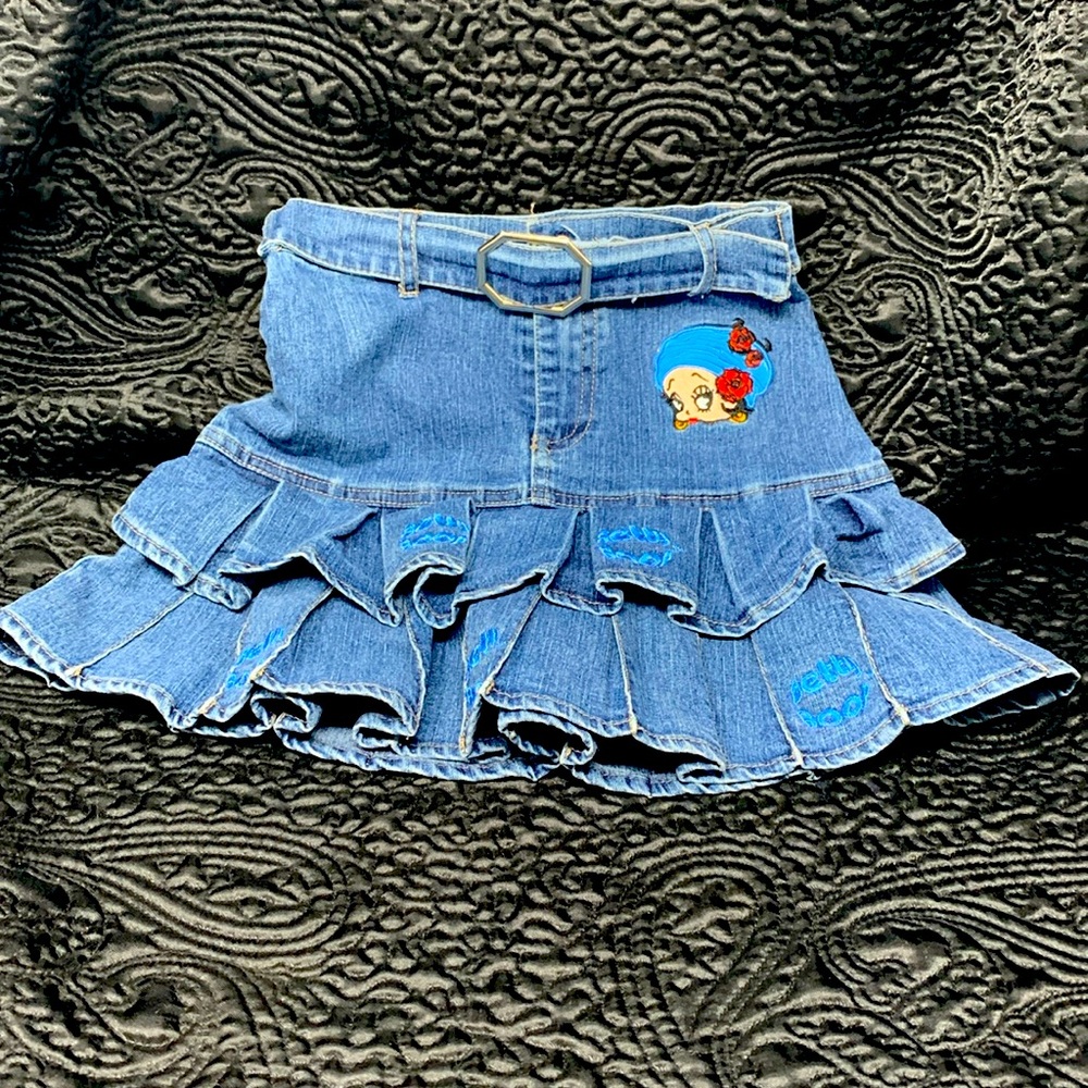 Embroidered Betty Boop Blue Pleated Ruffled Denim Girls Skirt Sz 6